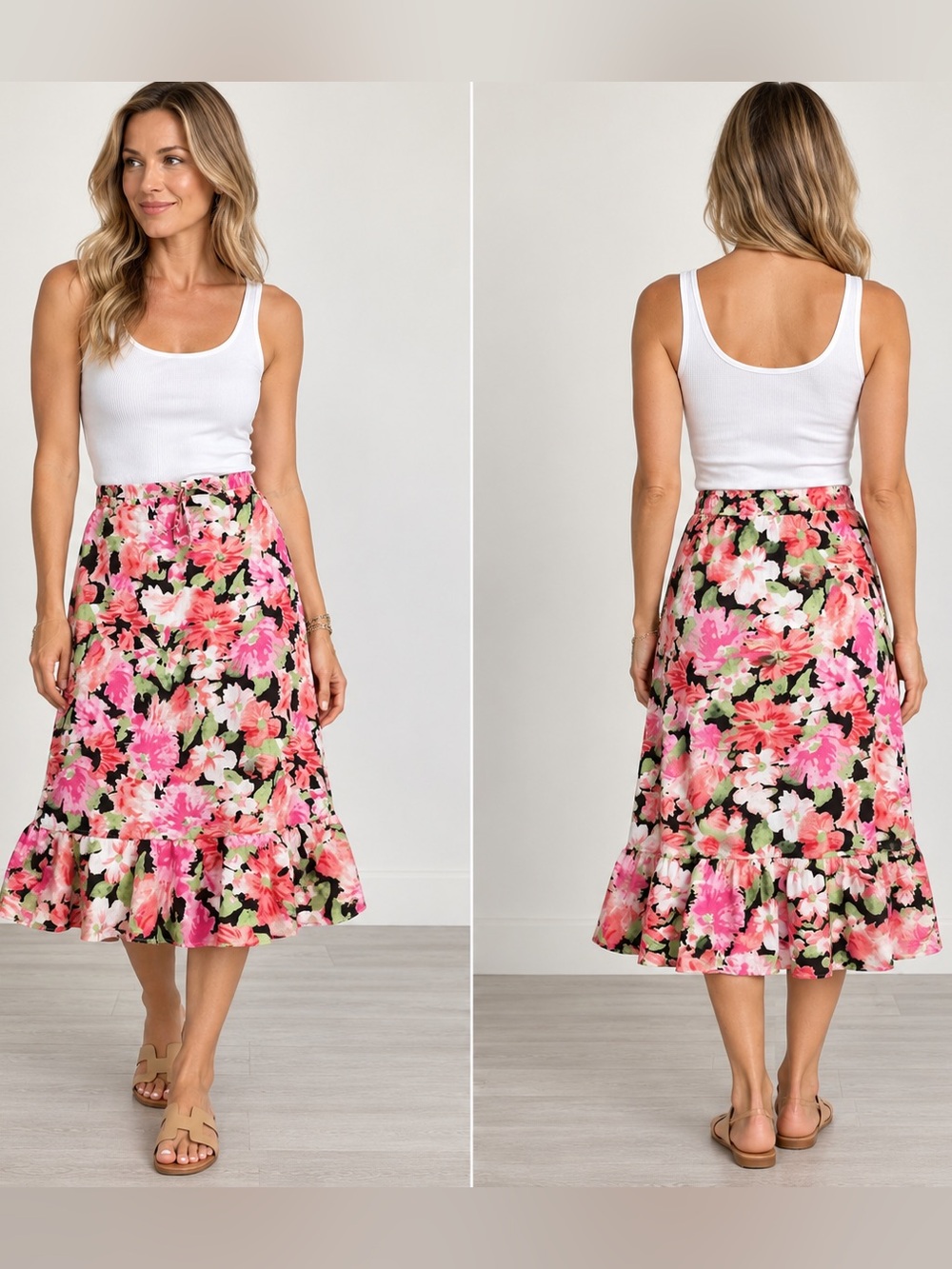 Choices Petites PS 100% Linen Floral Maxi Skirt Ruffle Hem Cottagecore Vintage